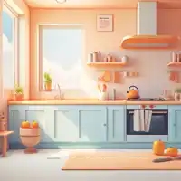 a kitchen with a colorful pink floor and orange walls, in the style of cartoon realism, light orange and azure, realistic representation of light and shadow, light sky blue and dark orange, hand-painted details, detailed character design, use of light and shadow