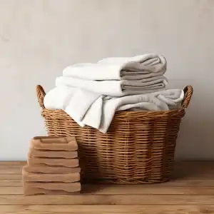 sheets and towels stacked in the basket, in the style of photorealistic renderings