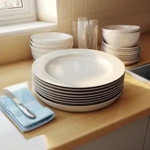 white tableware on a countertop, in the photo-realistic hyperbole style