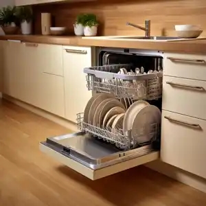 the dishwasher is open with the dishes inside, in the style of a meticulous design