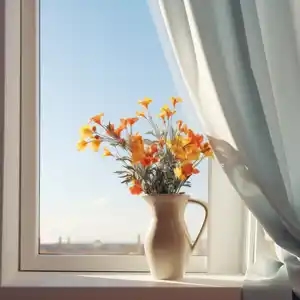 a vase of orange flowers on a windowsill, in the light blue and gold style, flowing draperies, panoramic windows