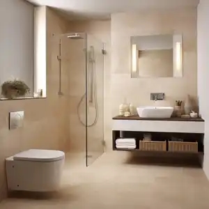 a large bathroom with a white tiled floor and a bathtub, in light gold and light beige, super-flat, dark beige and light beige styles