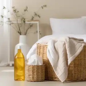 a wicker basket and bottle on top of a bed, in the cleancore style