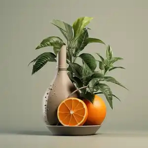 orange citrus for a jug on a green background, in the style of nature-inspired installations, using earth tones