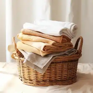 clean towels in baskets or baskets, in the style of light gold and light amber, dusty piles, embossed fabrics, organic material, bright shine, light brown and light brown