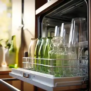 a dishwasher featuring an open glass bottle with a dish inside, in the dark brown and green style