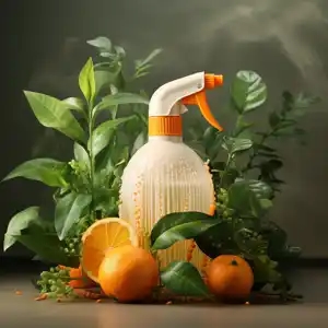 an orange and white spray can with leaves, in the style of utilitarian objects, organic material