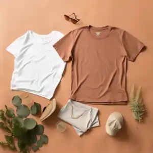 two t-shirts wearing sandals and sunglasses, in the style of earthy color palette, minimalist sets, range of soft tones, organic material, light amber and white, terracotta, use of fabric