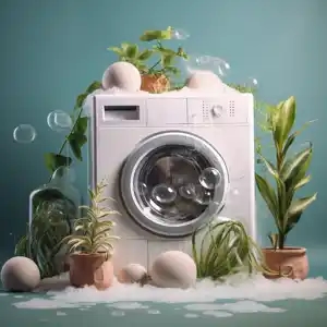 washing machine, plants and bubbles, in the style of minimalist backgrounds