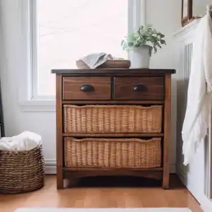 drawer with baskets in white bathroom, in the one-piece style, dark brown and brown