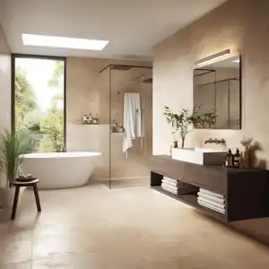 an all-brown bathroom with sink, bathtub and mirror, in a clean, minimalist style