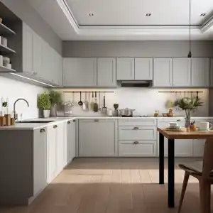 a bright kitchen with some grey cabinetry and woodwork