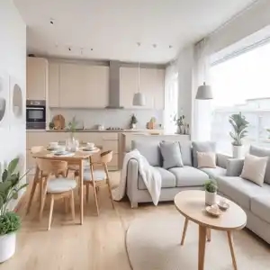 bright white living room in the apartment, in the style of muted color palettes